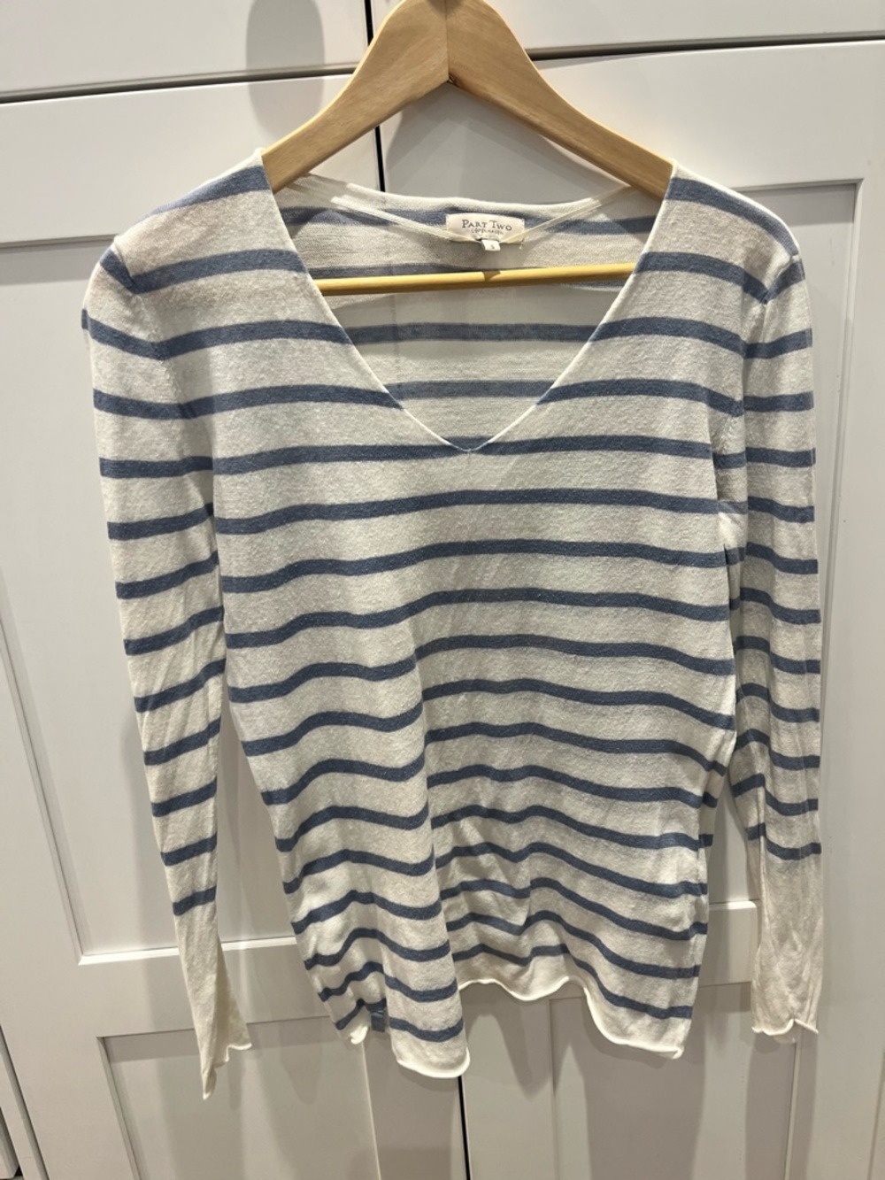 Part Two Copenhagen Women's Blue & White Striped V-Neck Sweater - Picture 2 of 5